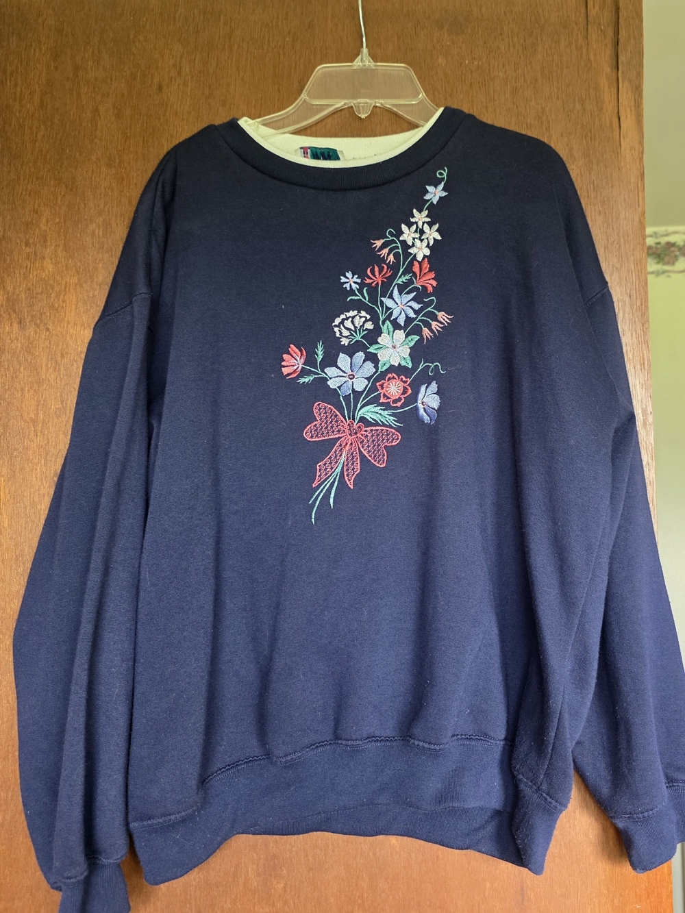 Navy Crewneck Sweater with Floral Embroidery